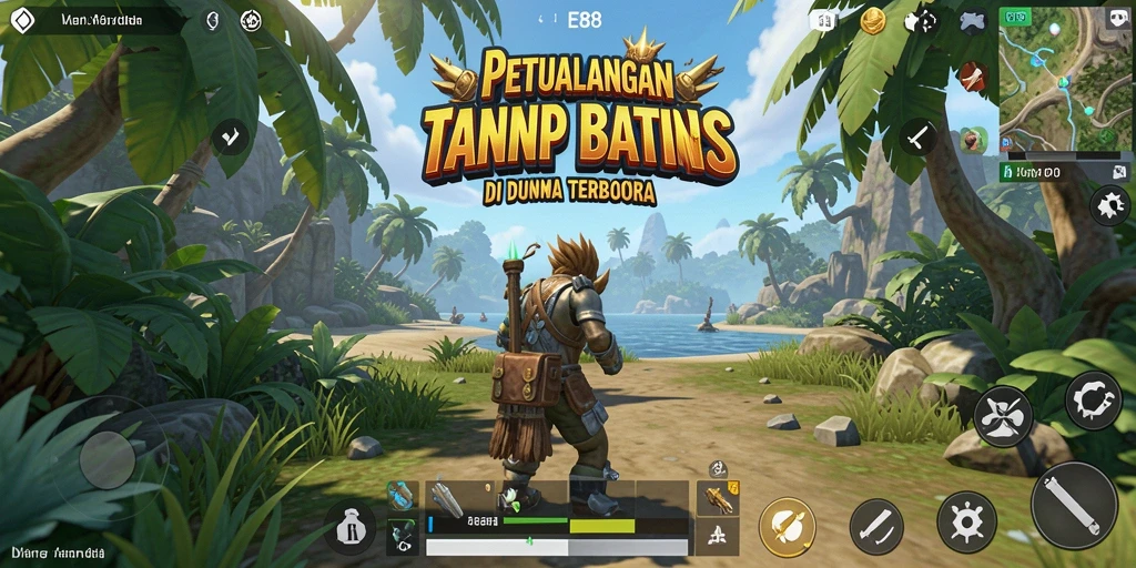Tangkapan layar menunjukkan gameplay E88 dalam dunia terbuka yang luas.