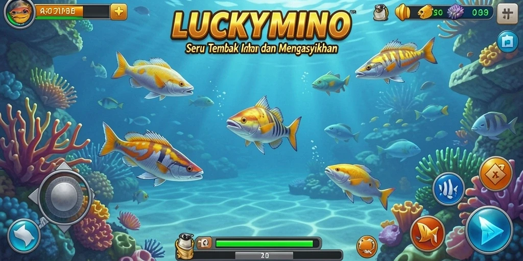 Tampilan gameplay LUCKYMINO dengan penembakan ikan yang seru.
