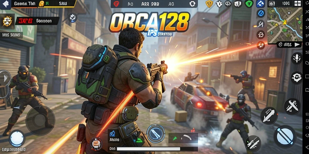 Gameplay seru dalam ORCA128 dengan karakter dan senjata beragam.